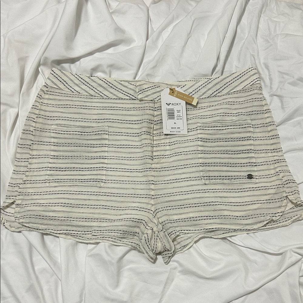 Roxy Women's White and Black Striped High Waist Shorts. 100% cotton.